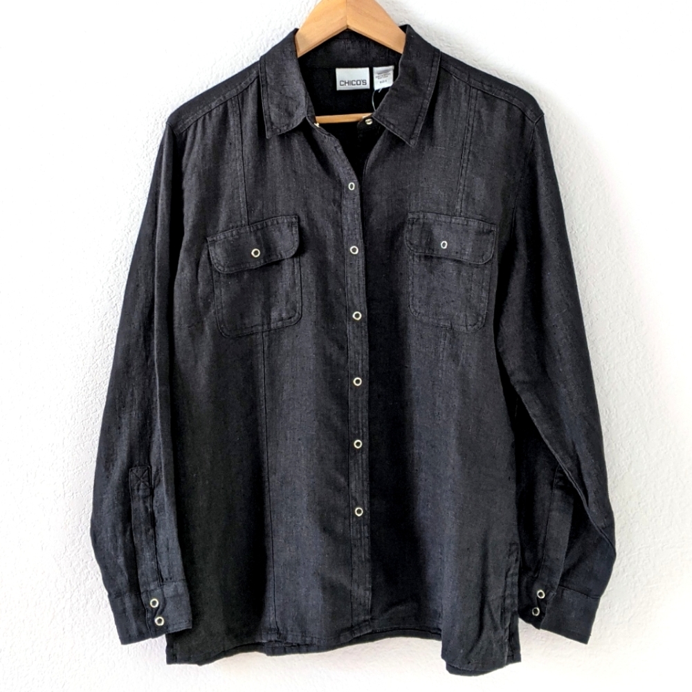 Chico's Long Sleeve Button-Down Linen Shirt, Black, Large